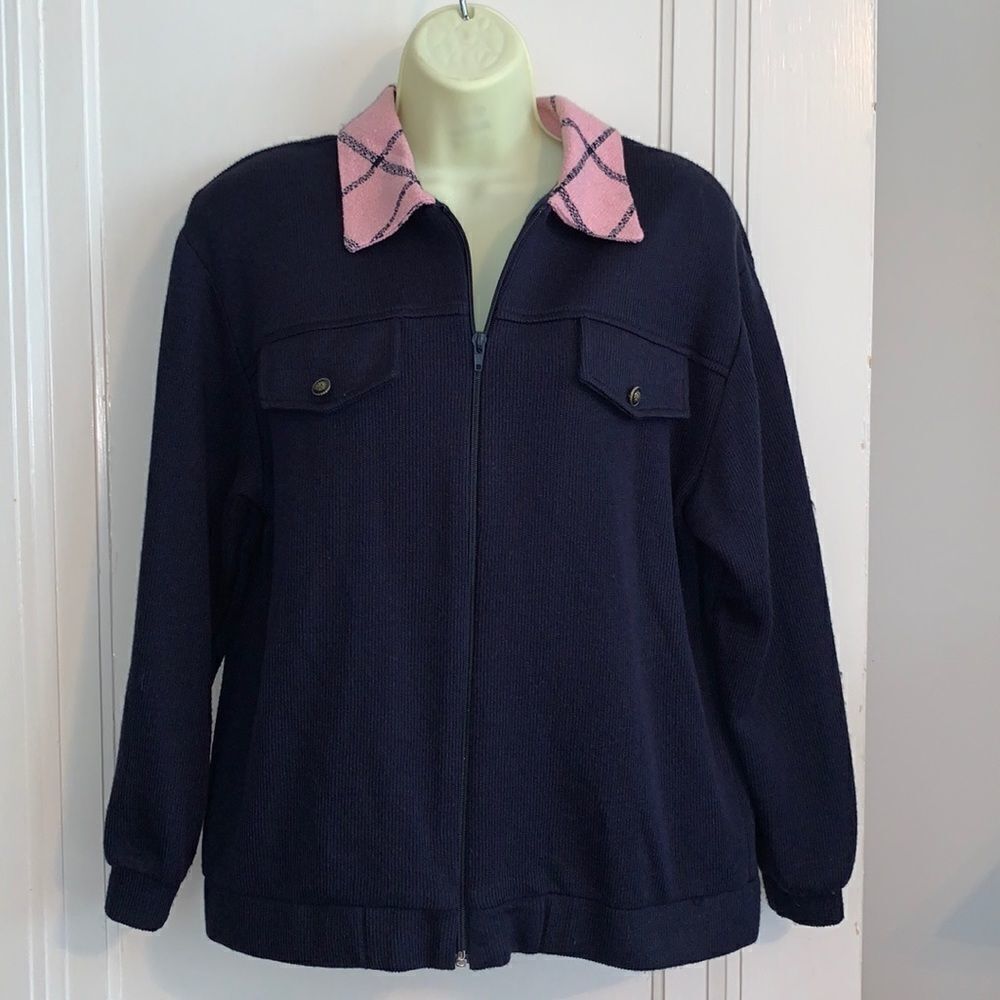 Vtg 80s Peter Popovitch navy blue ribbed sweater jacket